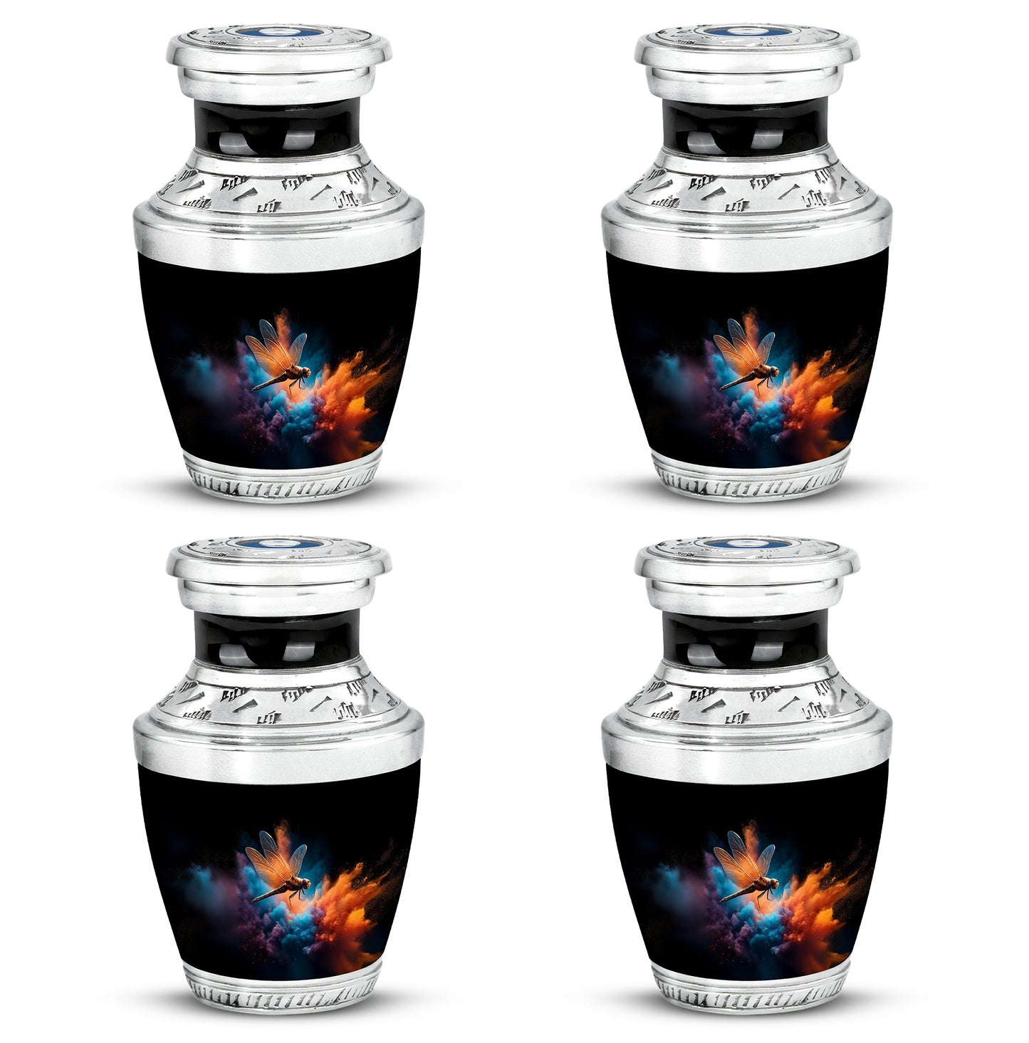 Charcoal Black Dragonfly Cremation Urn back view with polished surface - stylized abstract dragonfly pattern with bold lines - 10 inch aluminum urn for cremated remains