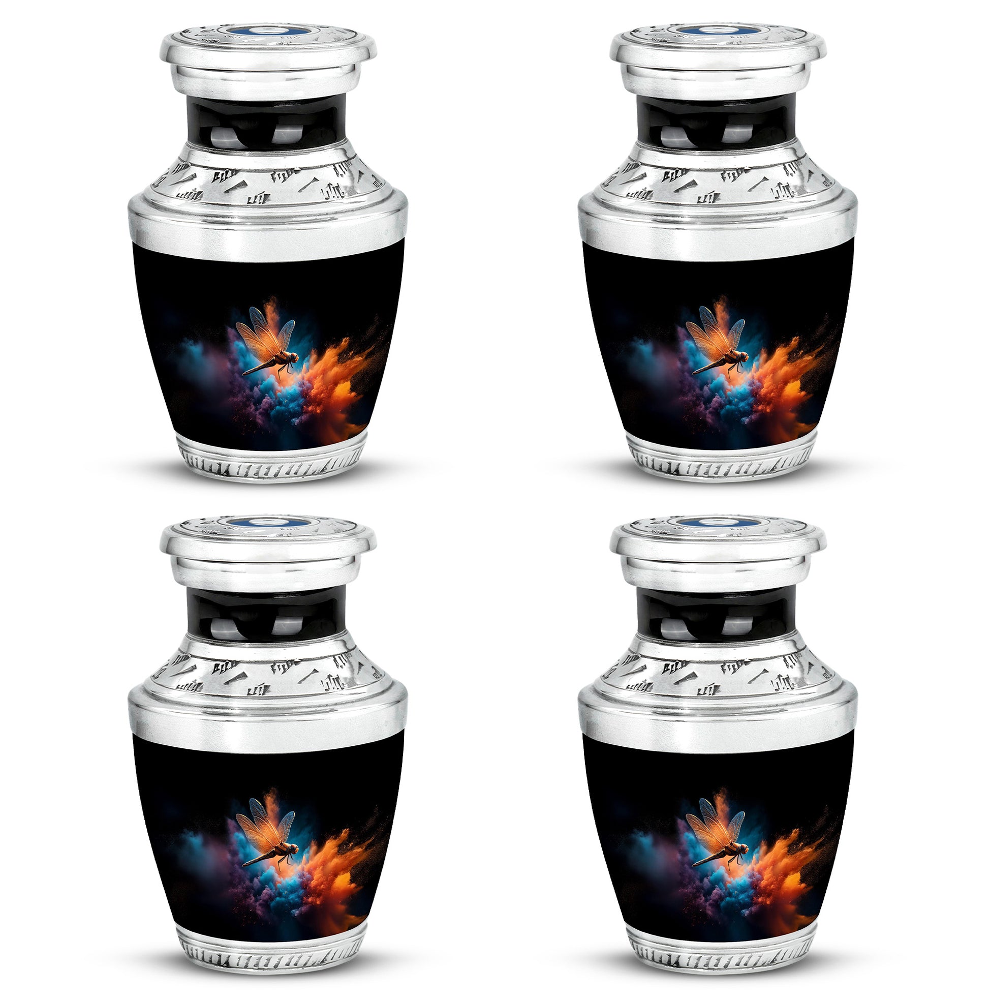 Charcoal Black Dragonfly Cremation Urn back view with polished surface - stylized abstract dragonfly pattern with bold lines - 10 inch aluminum urn for cremated remains