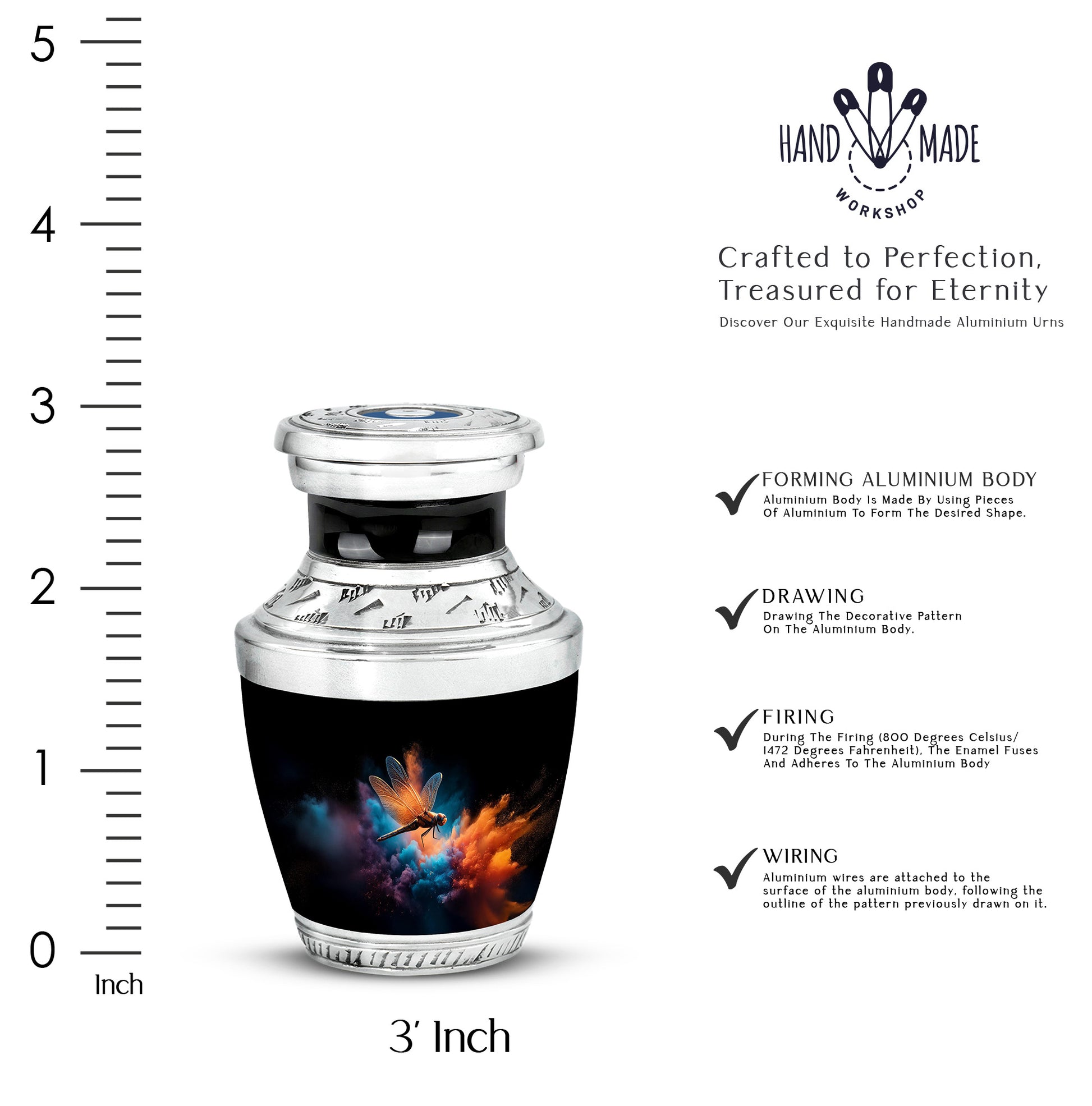 Deep Black Dragonfly Cremation Urn top-down view of secure threaded lid - modern art-inspired dragonfly motif on sleek aluminum - mini keepsake memorial for portion of cremation ashes
