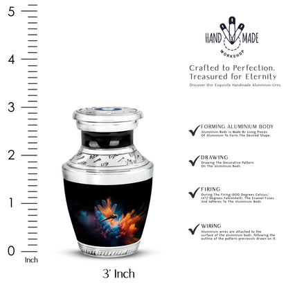 Deep Black Dragonfly Cremation Urn top-down view of secure threaded lid - modern art-inspired dragonfly motif on sleek aluminum - mini keepsake memorial for portion of cremation ashes