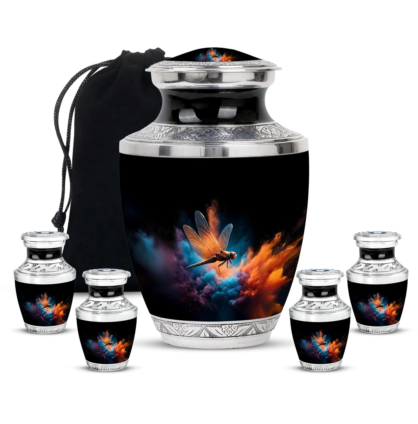 Ebony Dragonfly Cremation Urn lifestyle display on memorial shelf - contemporary dragonfly design with modern artistic flair - memorial set with one large and four small urns