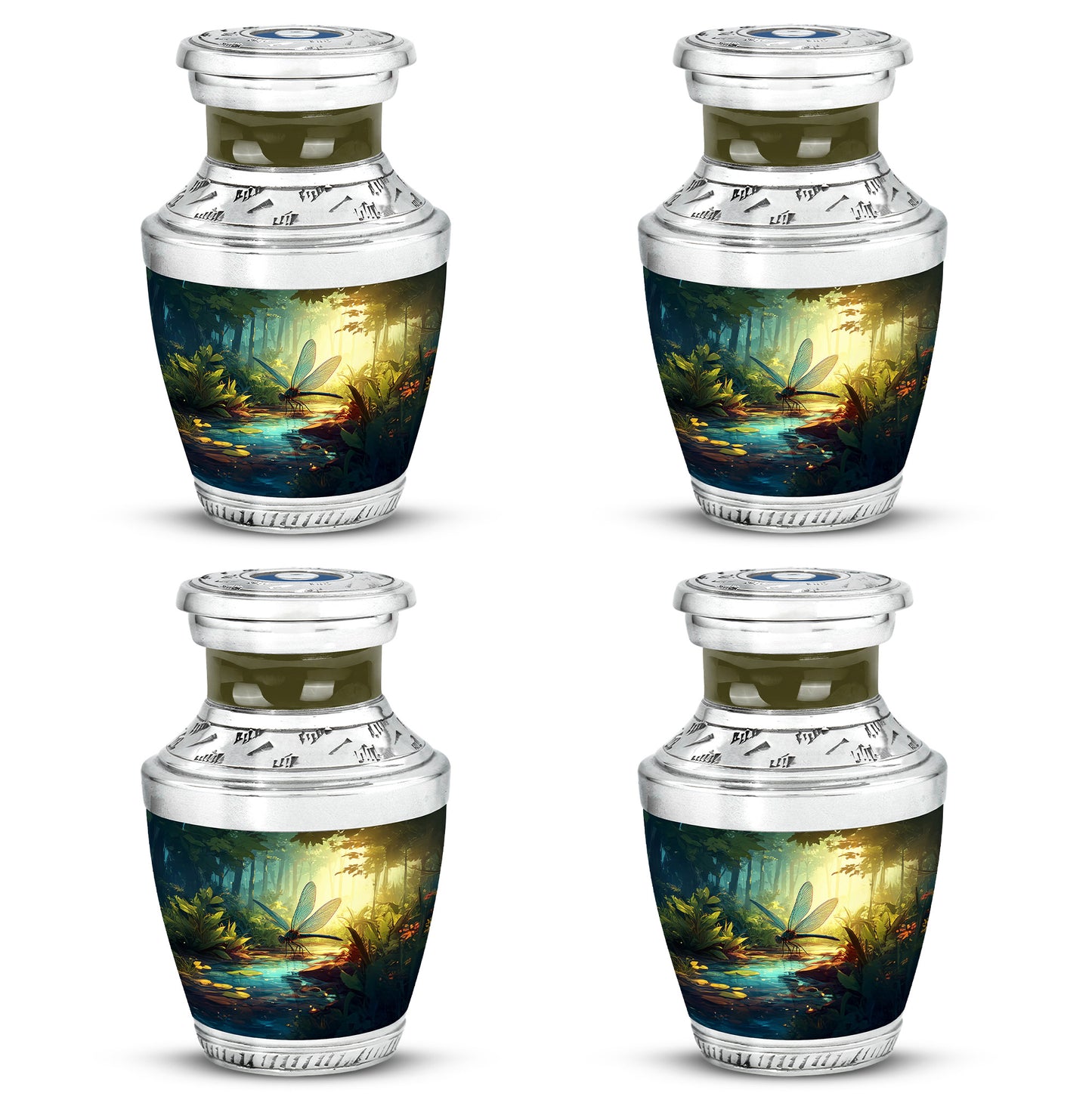 Deep Teal Dragonfly Cremation Urn back view with polished surface - stylized abstract dragonfly pattern with bold lines - 10 inch aluminum urn for cremated remains
