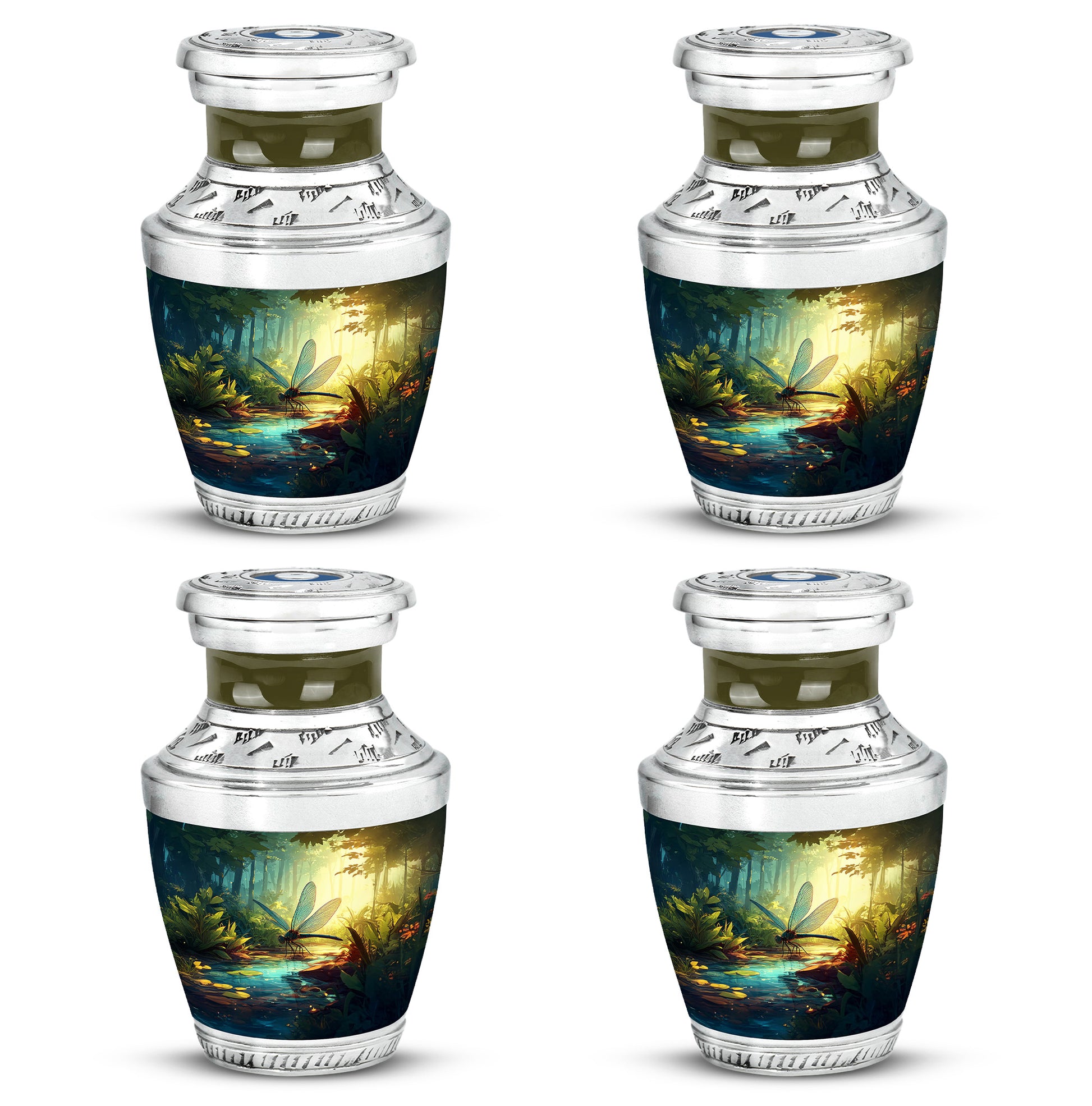 Deep Teal Dragonfly Cremation Urn back view with polished surface - stylized abstract dragonfly pattern with bold lines - 10 inch aluminum urn for cremated remains