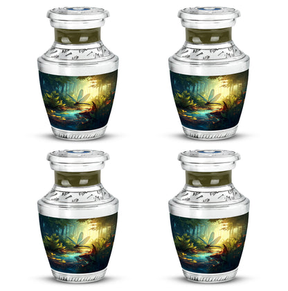 Deep Teal Dragonfly Cremation Urn back view with polished surface - stylized abstract dragonfly pattern with bold lines - 10 inch aluminum urn for cremated remains