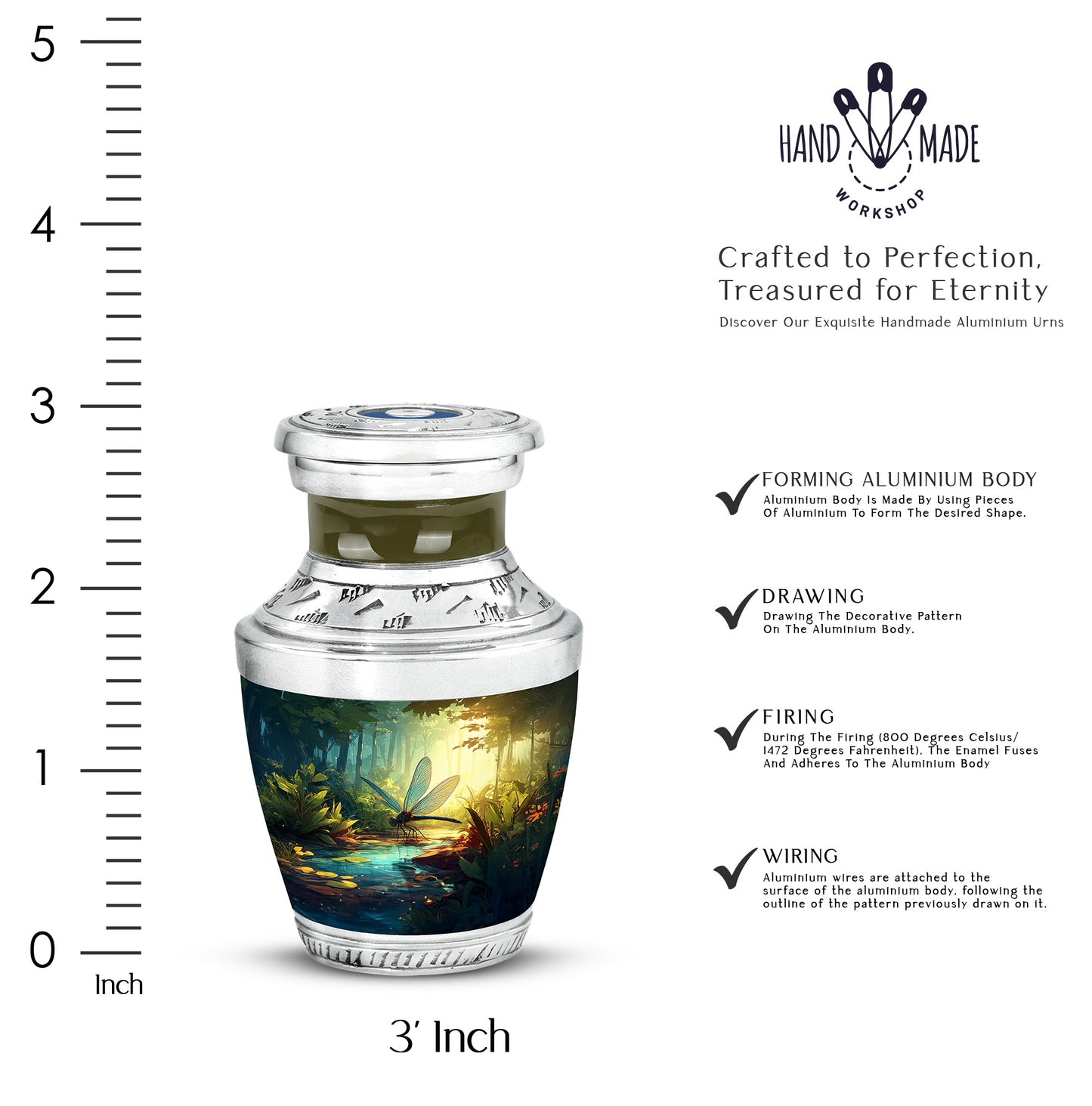Mystic Teal Dragonfly Cremation Urn top-down view of secure threaded lid - stylized abstract dragonfly pattern with bold lines - mini keepsake memorial for portion of cremation ashes