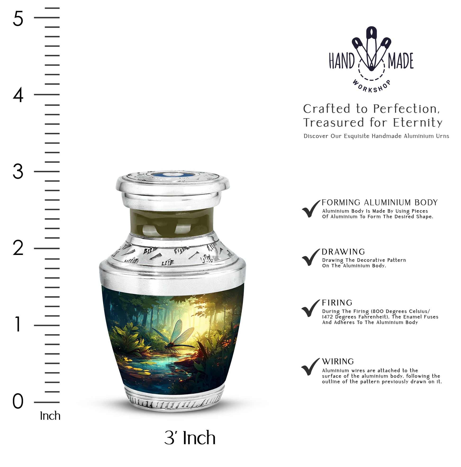 Mystic Teal Dragonfly Cremation Urn top-down view of secure threaded lid - stylized abstract dragonfly pattern with bold lines - mini keepsake memorial for portion of cremation ashes