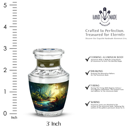 Mystic Teal Dragonfly Cremation Urn top-down view of secure threaded lid - stylized abstract dragonfly pattern with bold lines - mini keepsake memorial for portion of cremation ashes