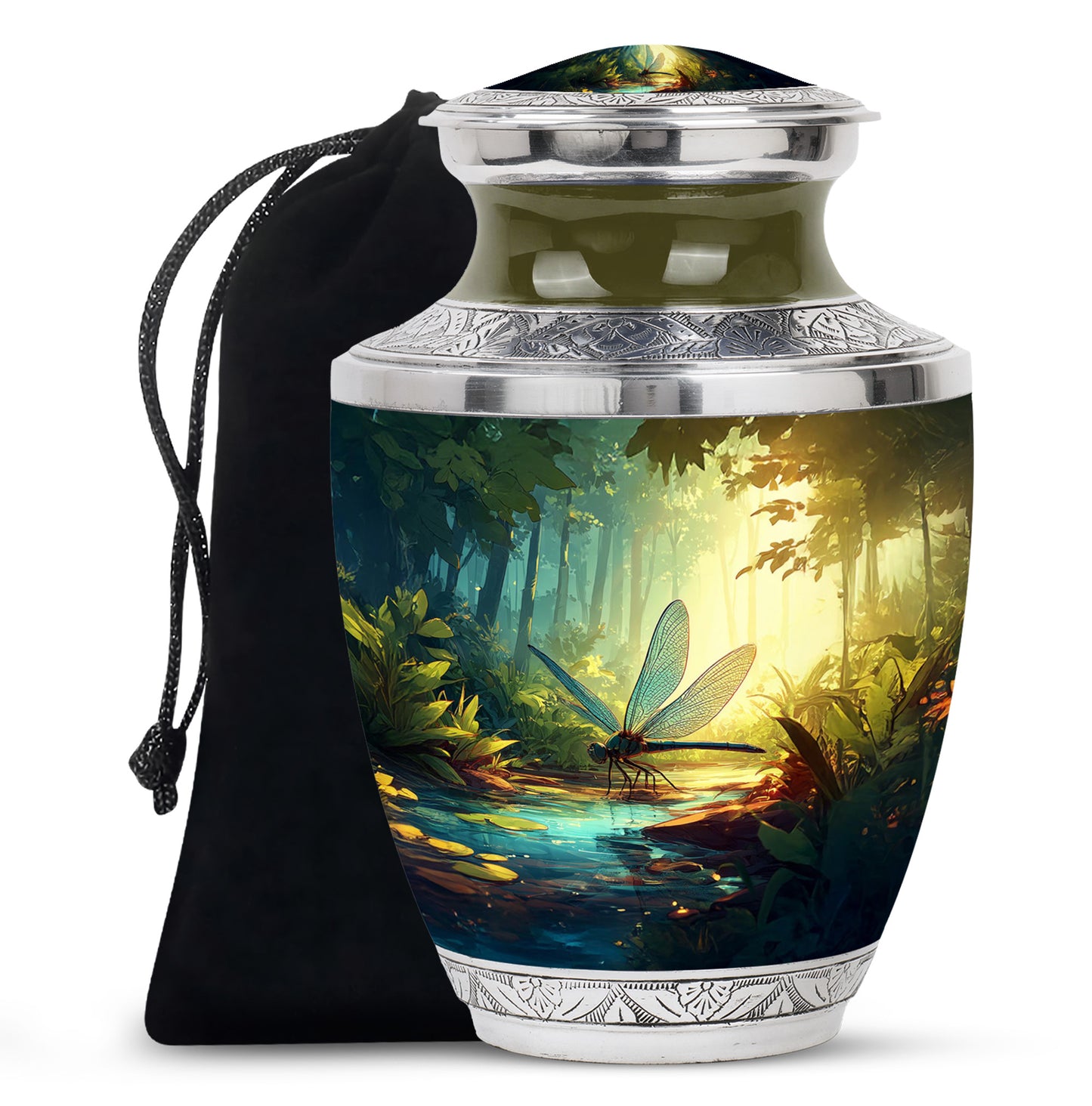 Aqua Teal Dragonfly Cremation Urn side profile showing urn shape - stylized abstract dragonfly pattern with bold lines - full-size 10 inch 200 cubic inch adult cremation urn