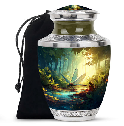 Aqua Teal Dragonfly Cremation Urn side profile showing urn shape - stylized abstract dragonfly pattern with bold lines - full-size 10 inch 200 cubic inch adult cremation urn