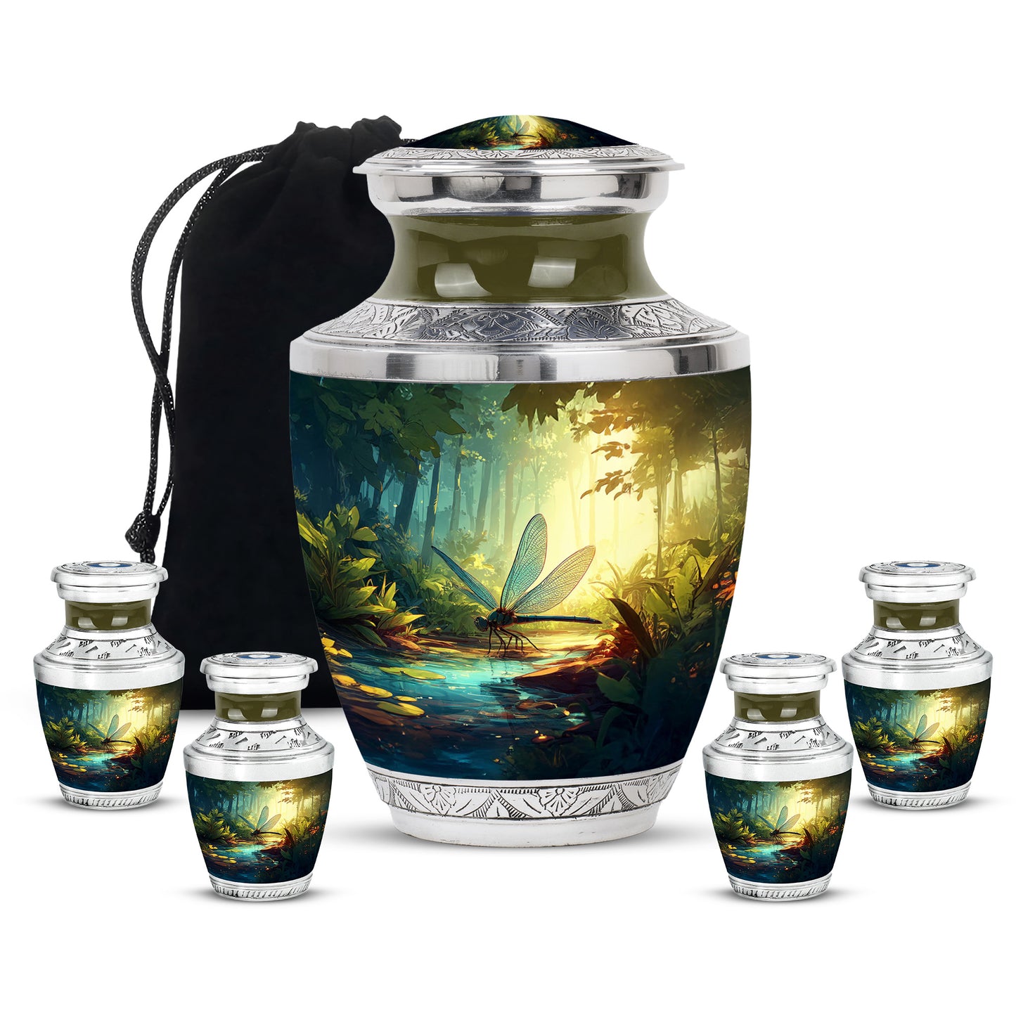 Jewel Teal Dragonfly Cremation Urn lifestyle display on memorial shelf - modern art-inspired dragonfly motif on sleek aluminum - memorial set with one large and four small urns