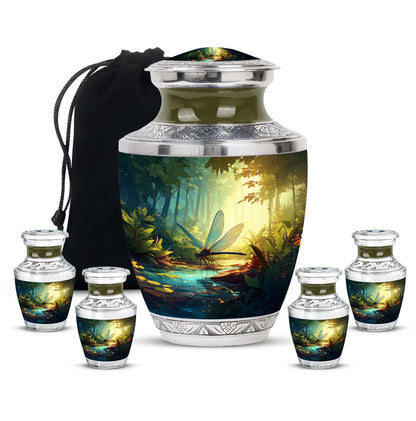 Jewel Teal Dragonfly Cremation Urn lifestyle display on memorial shelf - modern art-inspired dragonfly motif on sleek aluminum - memorial set with one large and four small urns