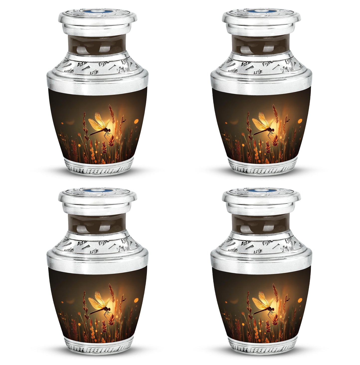 Champagne Gold Dragonfly Cremation Urn back view with polished surface - contemporary dragonfly design with modern artistic flair - 10 inch aluminum urn for cremated remains