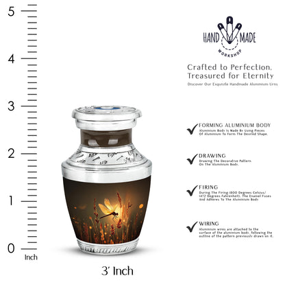 Gilded Gold Dragonfly Cremation Urn top-down view of secure threaded lid - modern art-inspired dragonfly motif on sleek aluminum - mini keepsake memorial for portion of cremation ashes