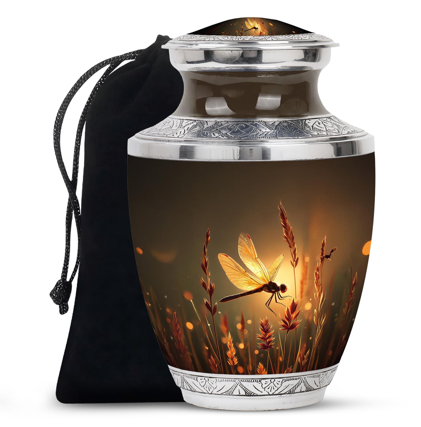 Antique Gold Dragonfly Cremation Urn side profile showing urn shape - contemporary dragonfly design with modern artistic flair - full-size 10 inch 200 cubic inch adult cremation urn