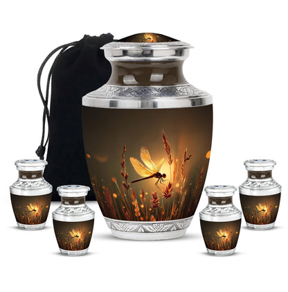 Warm Gold Dragonfly Cremation Urn lifestyle display on memorial shelf - artistic dragonfly interpretation with creative detail - memorial set with one large and four small urns