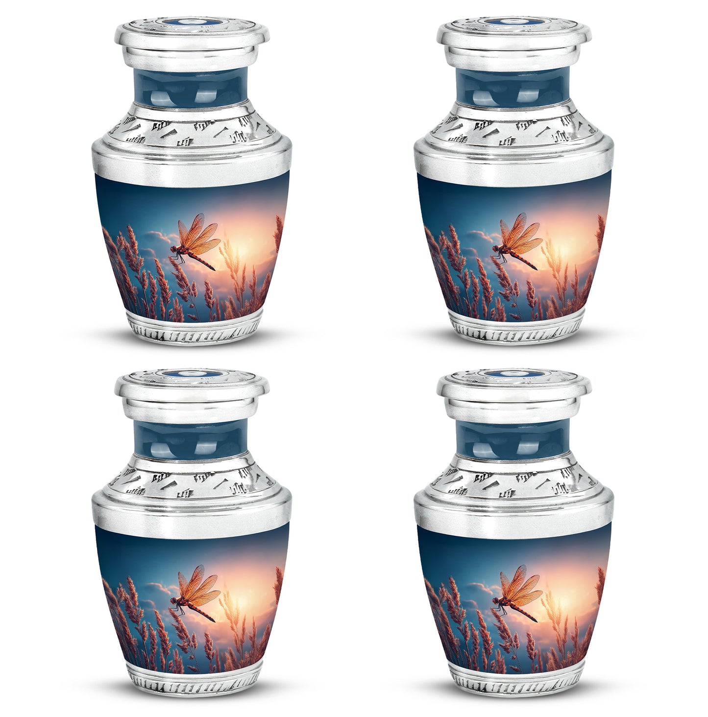 Azure Dragonfly Cremation Urn back view with polished surface - modern art-inspired dragonfly motif on sleek aluminum - 10 inch aluminum urn for cremated remains