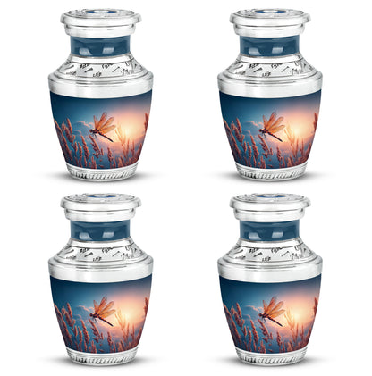 Azure Dragonfly Cremation Urn back view with polished surface - modern art-inspired dragonfly motif on sleek aluminum - 10 inch aluminum urn for cremated remains
