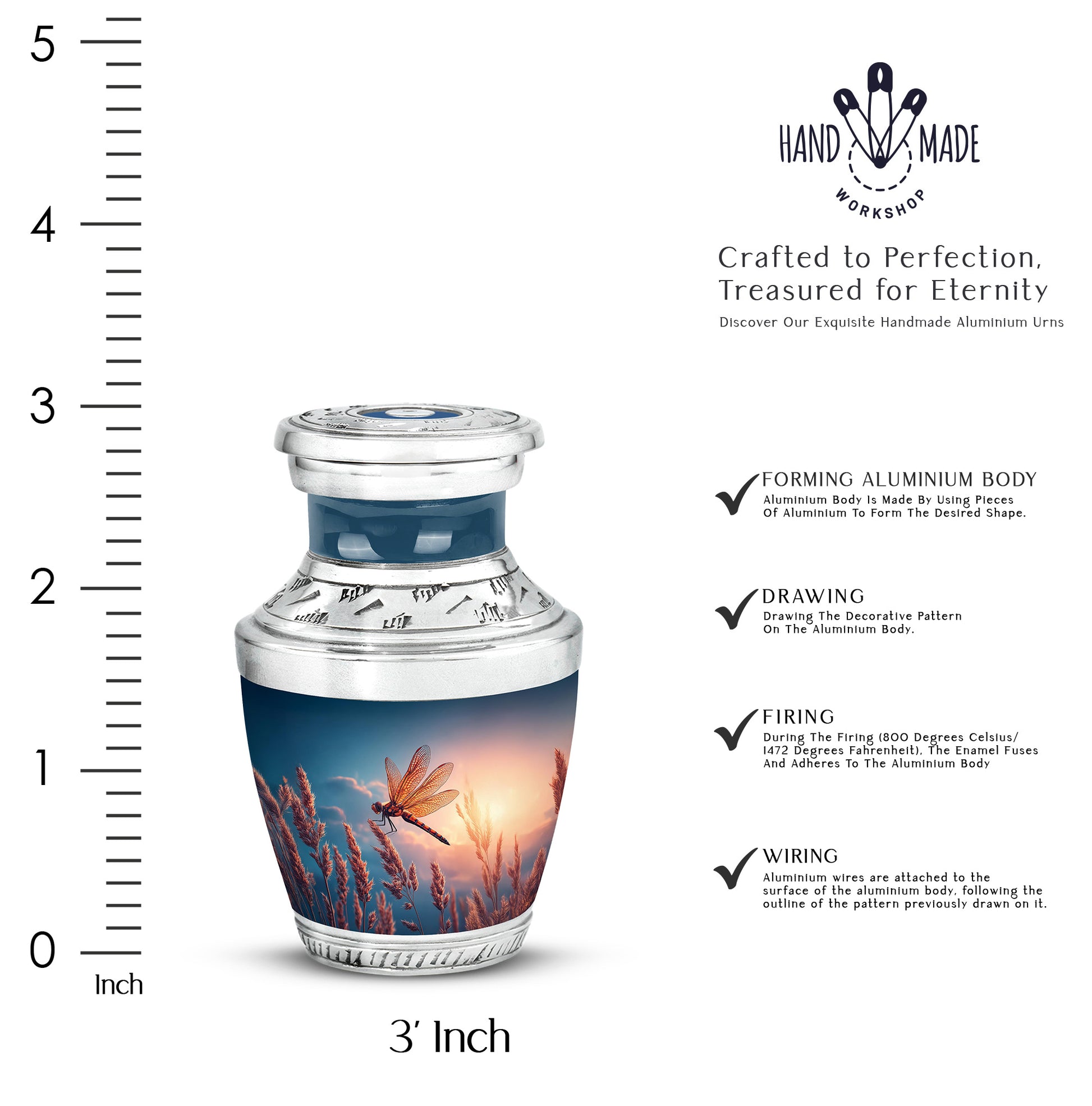 Cornflower Blue Dragonfly Cremation Urn top-down view of secure threaded lid - stylized abstract dragonfly pattern with bold lines - mini keepsake memorial for portion of cremation ashes