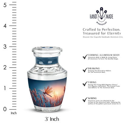 Cornflower Blue Dragonfly Cremation Urn top-down view of secure threaded lid - stylized abstract dragonfly pattern with bold lines - mini keepsake memorial for portion of cremation ashes