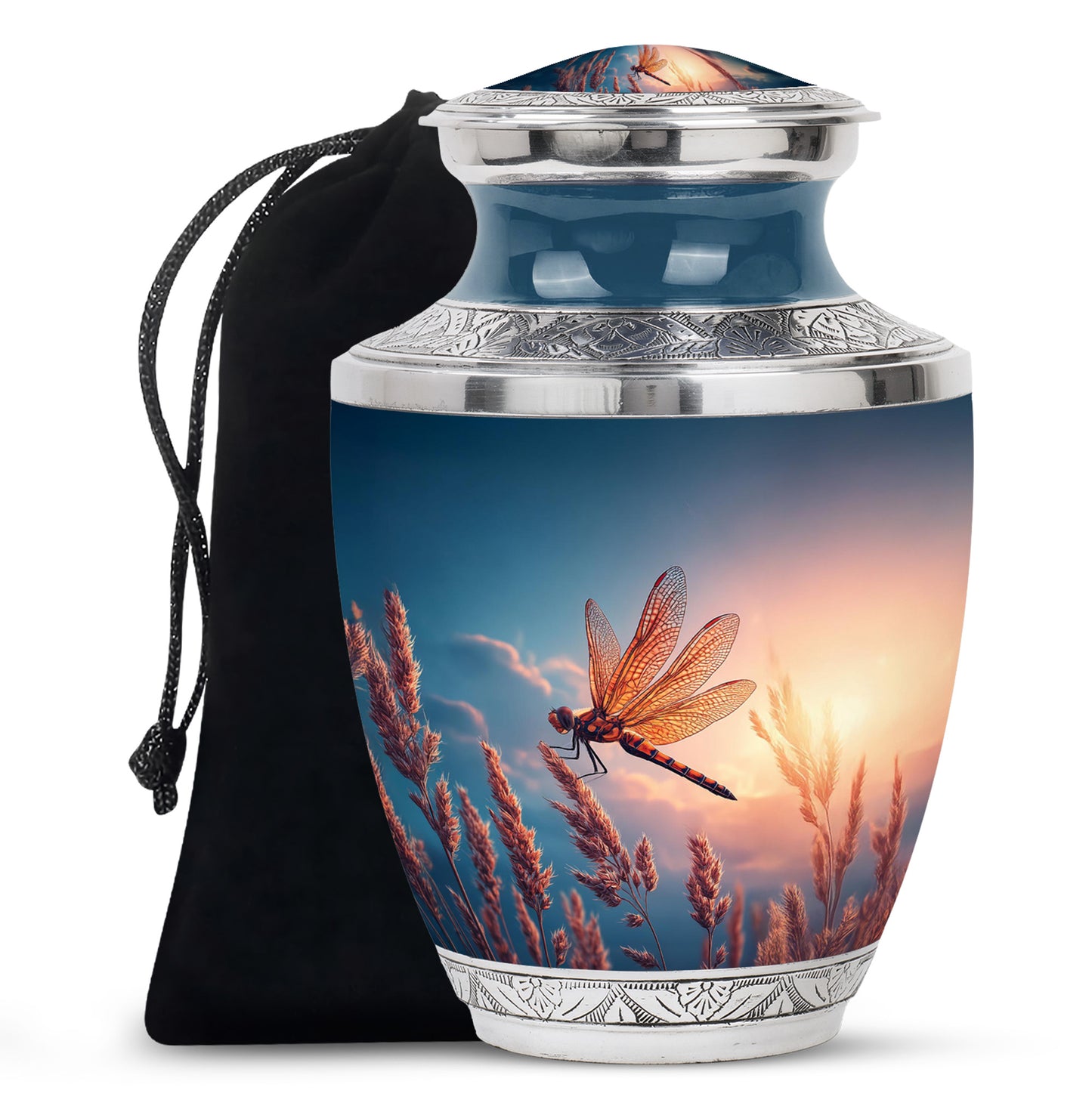Vivid Blue Dragonfly Cremation Urn side profile showing urn shape - artistic dragonfly interpretation with creative detail - full-size 10 inch 200 cubic inch adult cremation urn