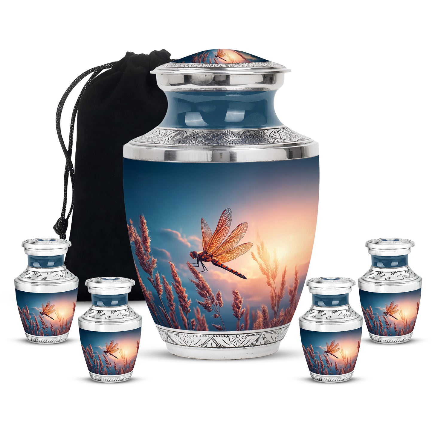 Navy Blue Dragonfly Cremation Urn lifestyle display on memorial shelf - contemporary dragonfly design with modern artistic flair - memorial set with one large and four small urns