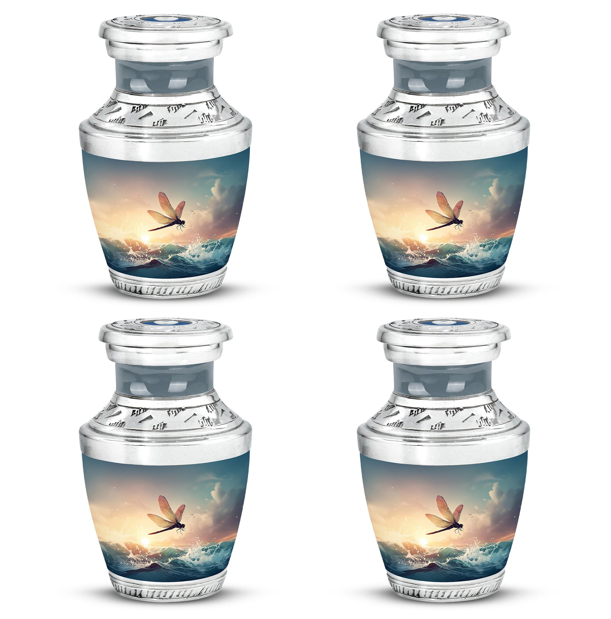 Silver Gray Dragonfly Cremation Urn back view with polished surface - modern art-inspired dragonfly motif on sleek aluminum - 10 inch aluminum urn for cremated remains