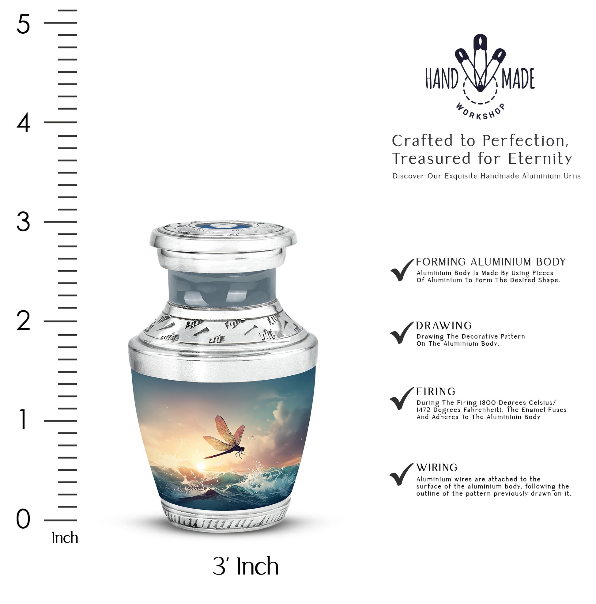 Charcoal Gray Dragonfly Cremation Urn top-down view of secure threaded lid - contemporary dragonfly design with modern artistic flair - mini keepsake memorial for portion of cremation ashes