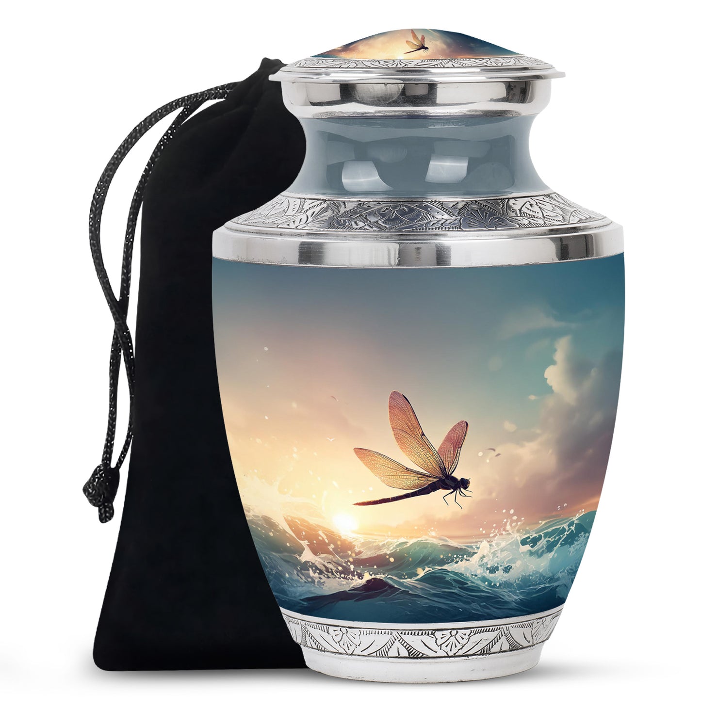 Pewter Gray Dragonfly Cremation Urn side profile showing urn shape - contemporary dragonfly design with modern artistic flair - full-size 10 inch 200 cubic inch adult cremation urn