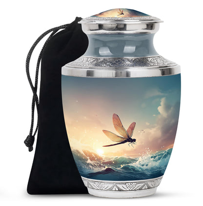 Pewter Gray Dragonfly Cremation Urn side profile showing urn shape - contemporary dragonfly design with modern artistic flair - full-size 10 inch 200 cubic inch adult cremation urn