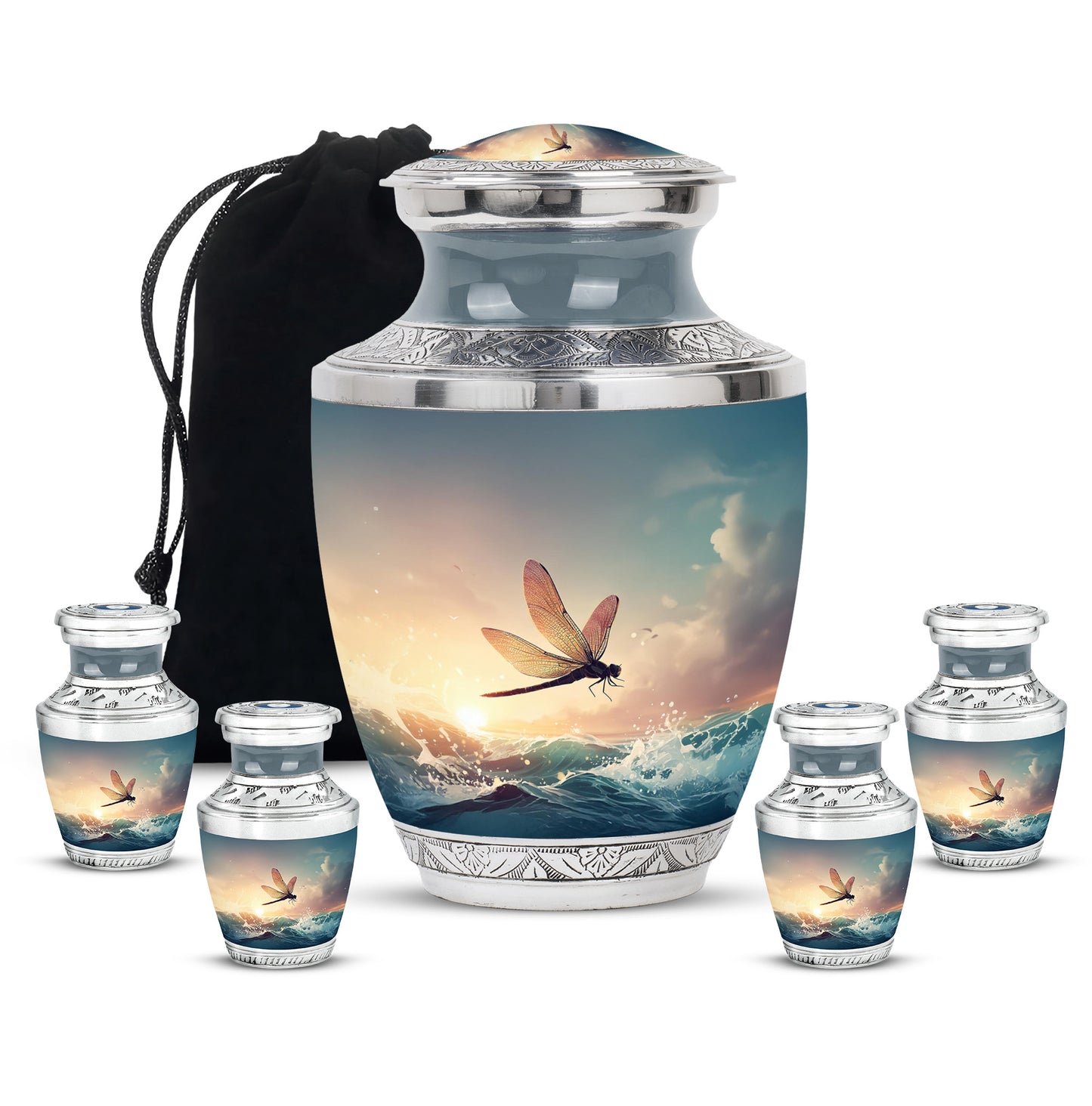 Dove Gray Dragonfly Cremation Urn lifestyle display on memorial shelf - contemporary dragonfly design with modern artistic flair - memorial set with one large and four small urns