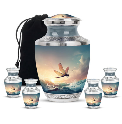 Dove Gray Dragonfly Cremation Urn lifestyle display on memorial shelf - contemporary dragonfly design with modern artistic flair - memorial set with one large and four small urns