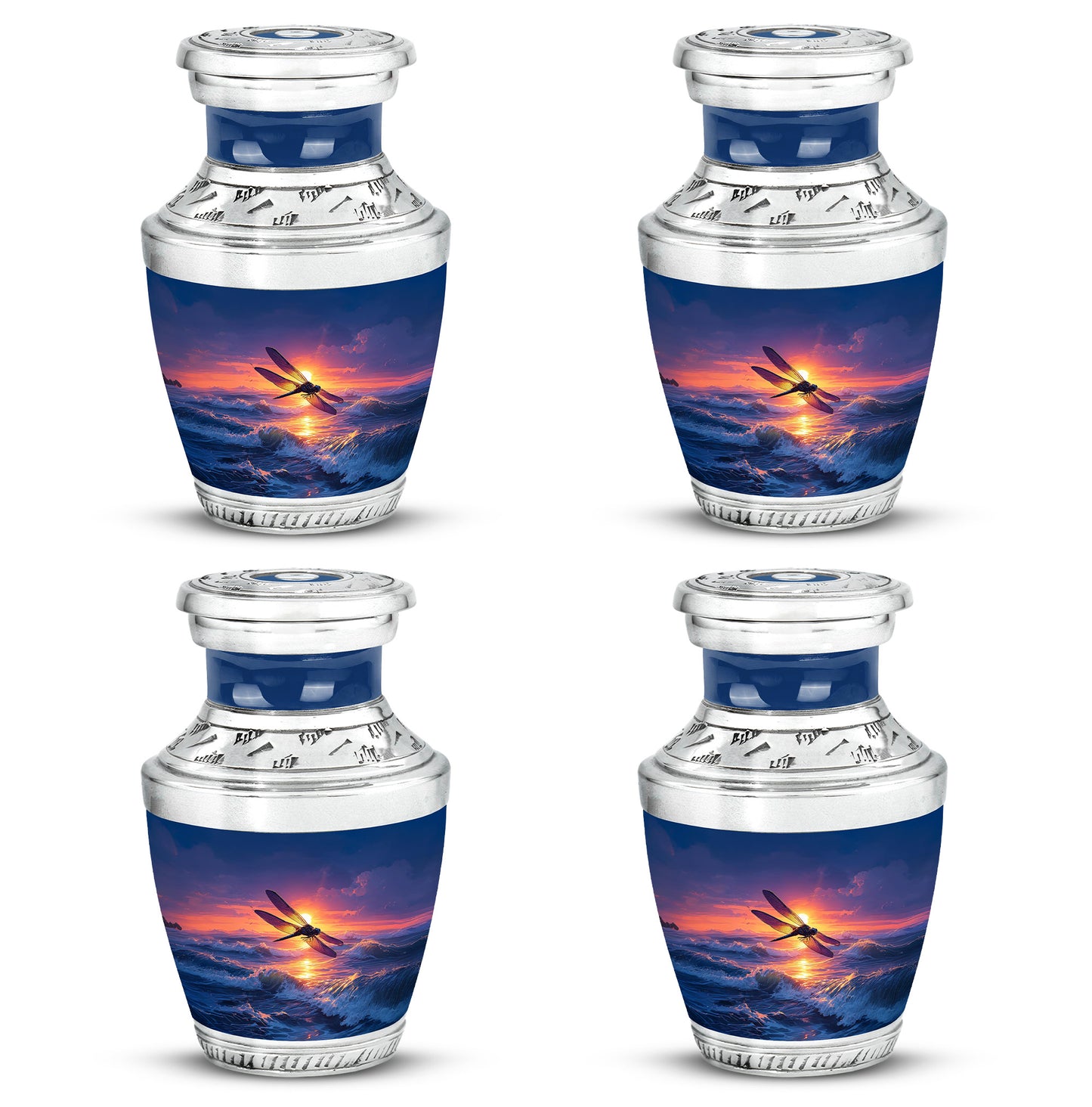 Slate Blue Dragonfly Cremation Urn back view with polished surface - contemporary dragonfly design with modern artistic flair - 10 inch aluminum urn for cremated remains