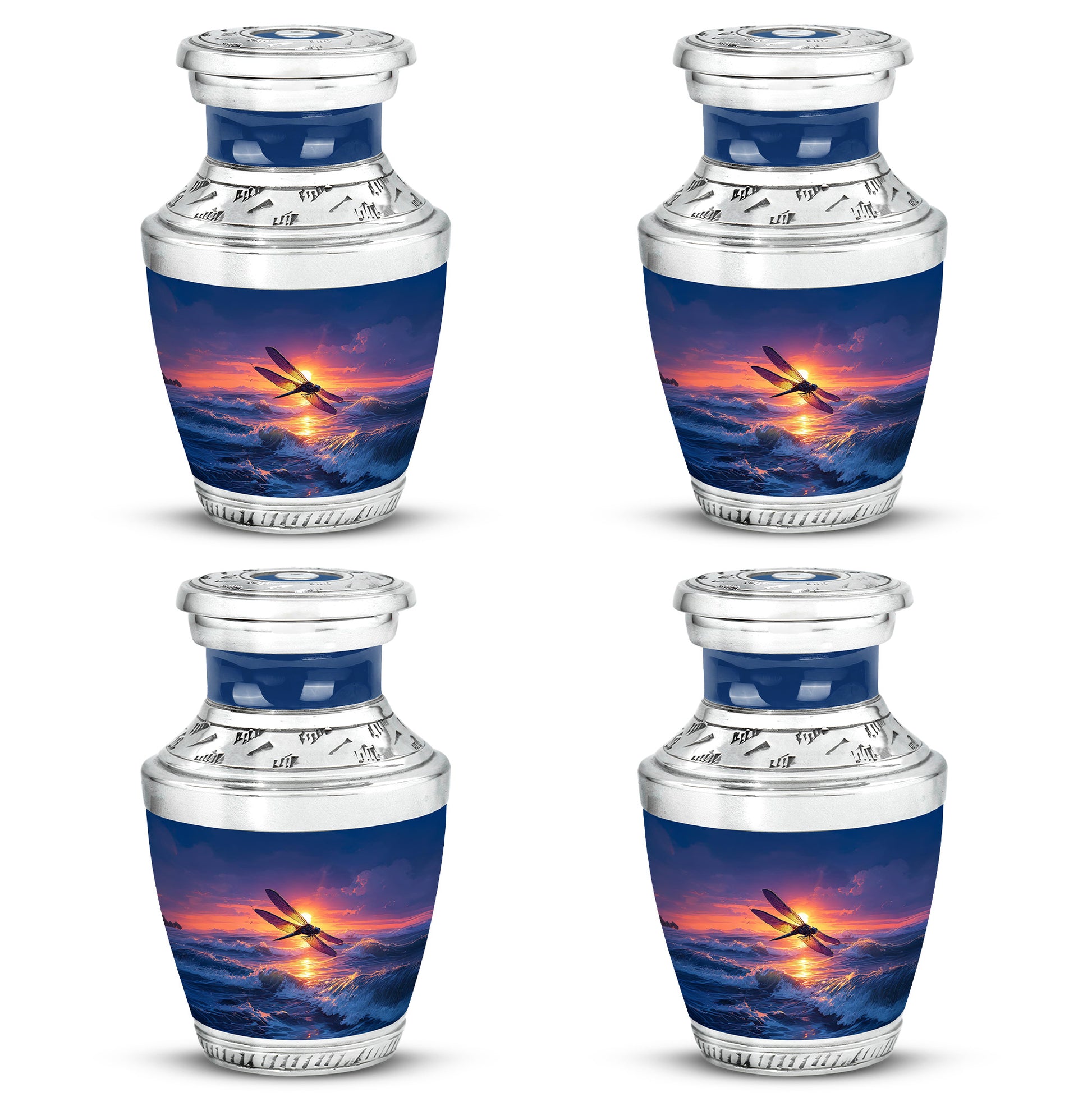 Slate Blue Dragonfly Cremation Urn back view with polished surface - contemporary dragonfly design with modern artistic flair - 10 inch aluminum urn for cremated remains