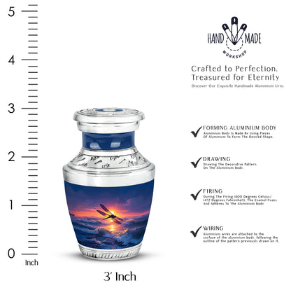 Vivid Blue Dragonfly Cremation Urn top-down view of secure threaded lid - artistic dragonfly interpretation with creative detail - mini keepsake memorial for portion of cremation ashes