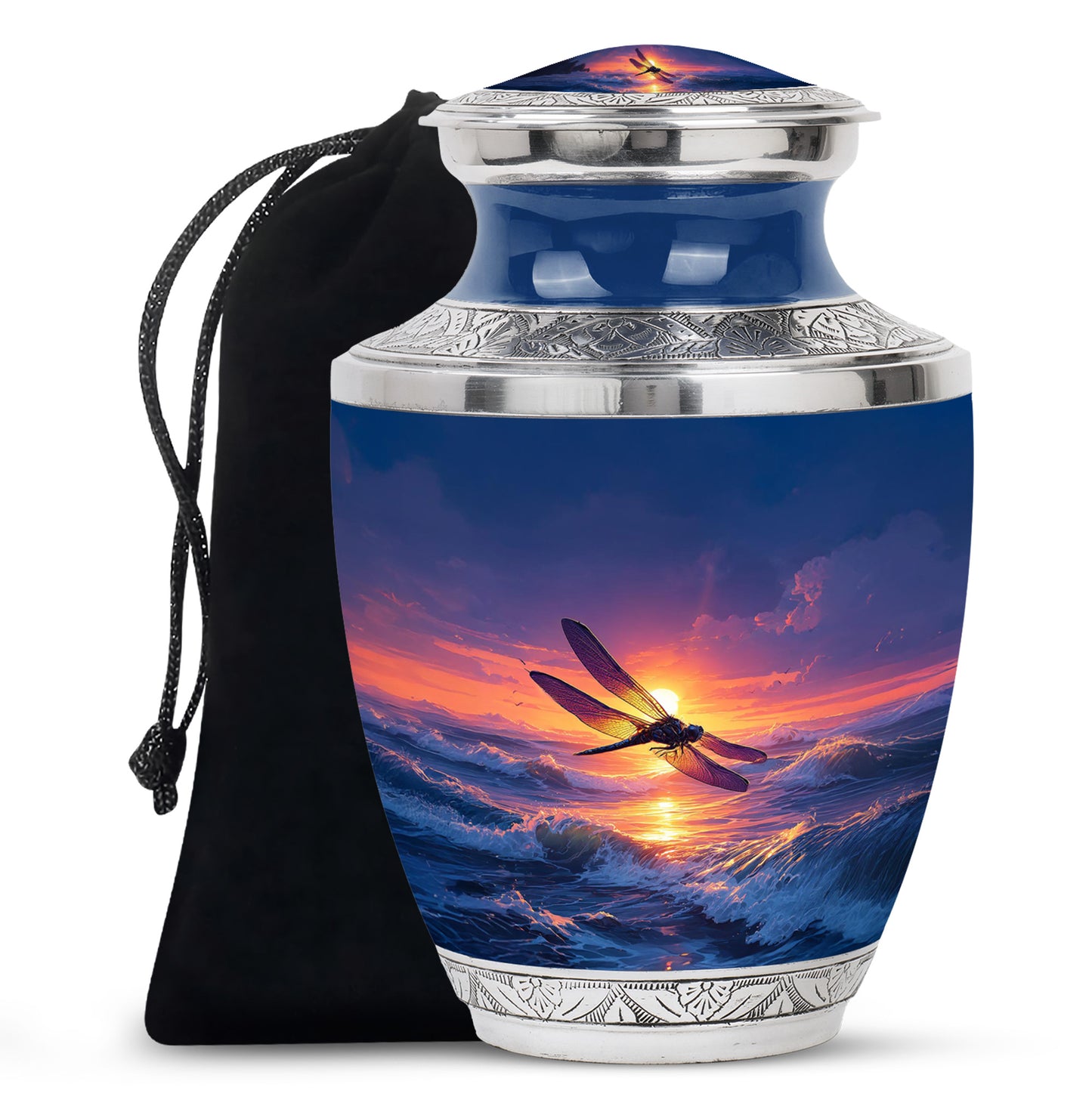 Calming Blue Dragonfly Cremation Urn side profile showing urn shape - stylized abstract dragonfly pattern with bold lines - full-size 10 inch 200 cubic inch adult cremation urn