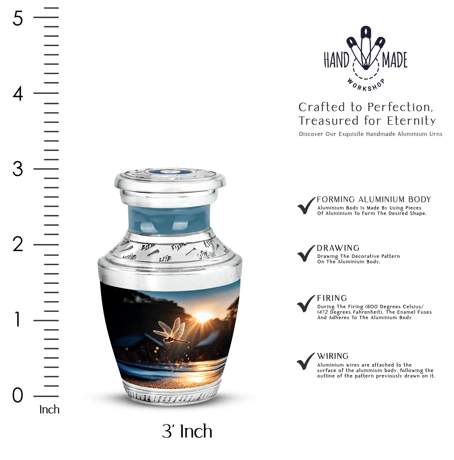 Jet Black Dragonfly Cremation Urn top-down view of secure threaded lid - contemporary dragonfly design with modern artistic flair - mini keepsake memorial for portion of cremation ashes