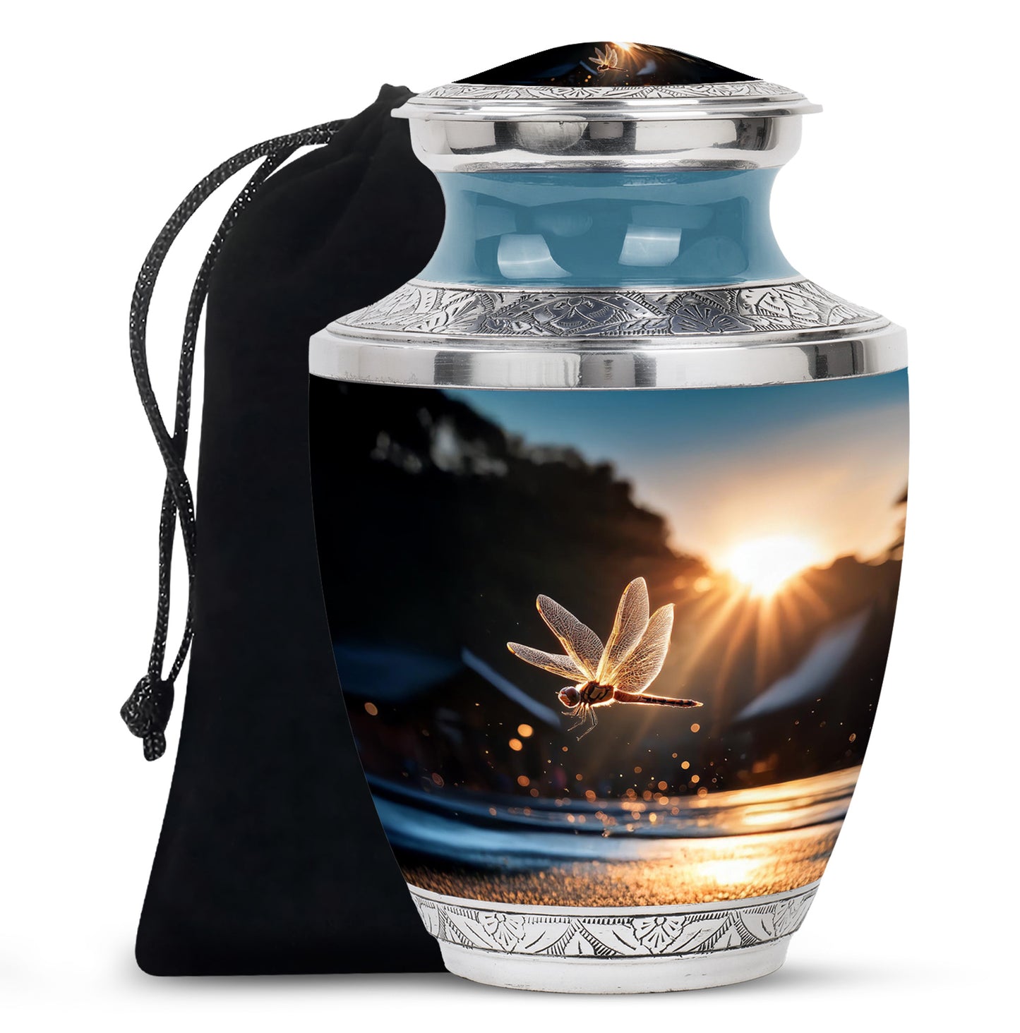 Glossy Black Dragonfly Cremation Urn side profile showing urn shape - modern art-inspired dragonfly motif on sleek aluminum - full-size 10 inch 200 cubic inch adult cremation urn