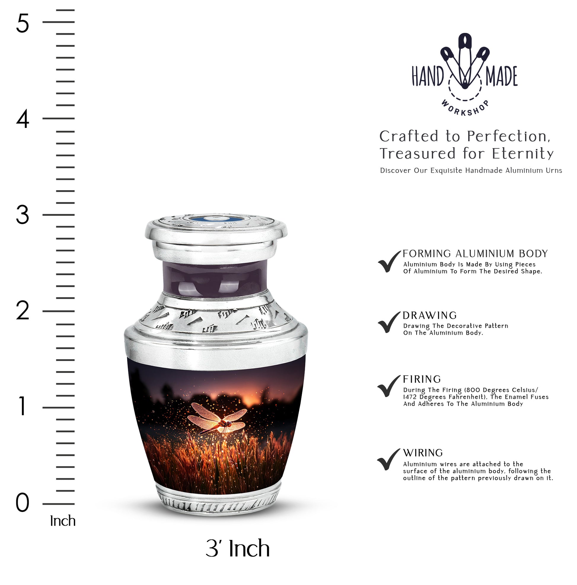 Coral Pink Dragonfly Cremation Urn top-down view of secure threaded lid - contemporary dragonfly design with modern artistic flair - mini keepsake memorial for portion of cremation ashes