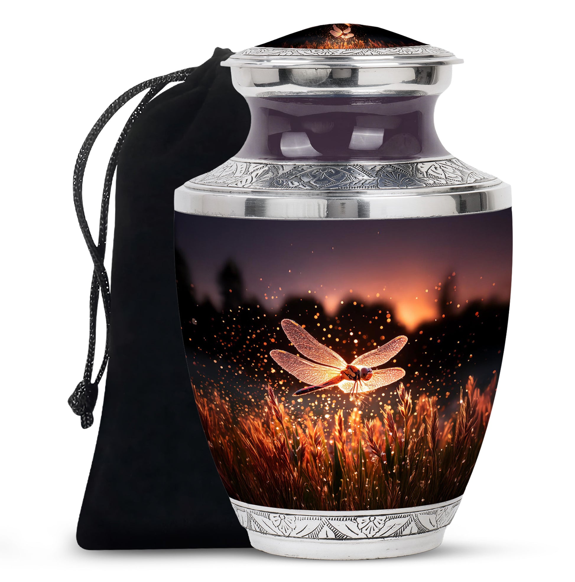 Petal Pink Dragonfly Cremation Urn side profile showing urn shape - stylized abstract dragonfly pattern with bold lines - full-size 10 inch 200 cubic inch adult cremation urn