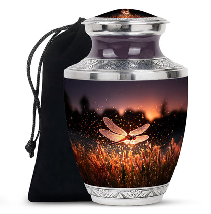 Petal Pink Dragonfly Cremation Urn side profile showing urn shape - stylized abstract dragonfly pattern with bold lines - full-size 10 inch 200 cubic inch adult cremation urn