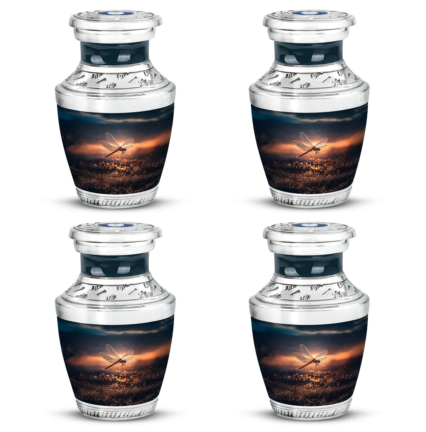 Azure Dragonfly Cremation Urn back view with polished surface - contemporary dragonfly design with modern artistic flair - 10 inch aluminum urn for cremated remains