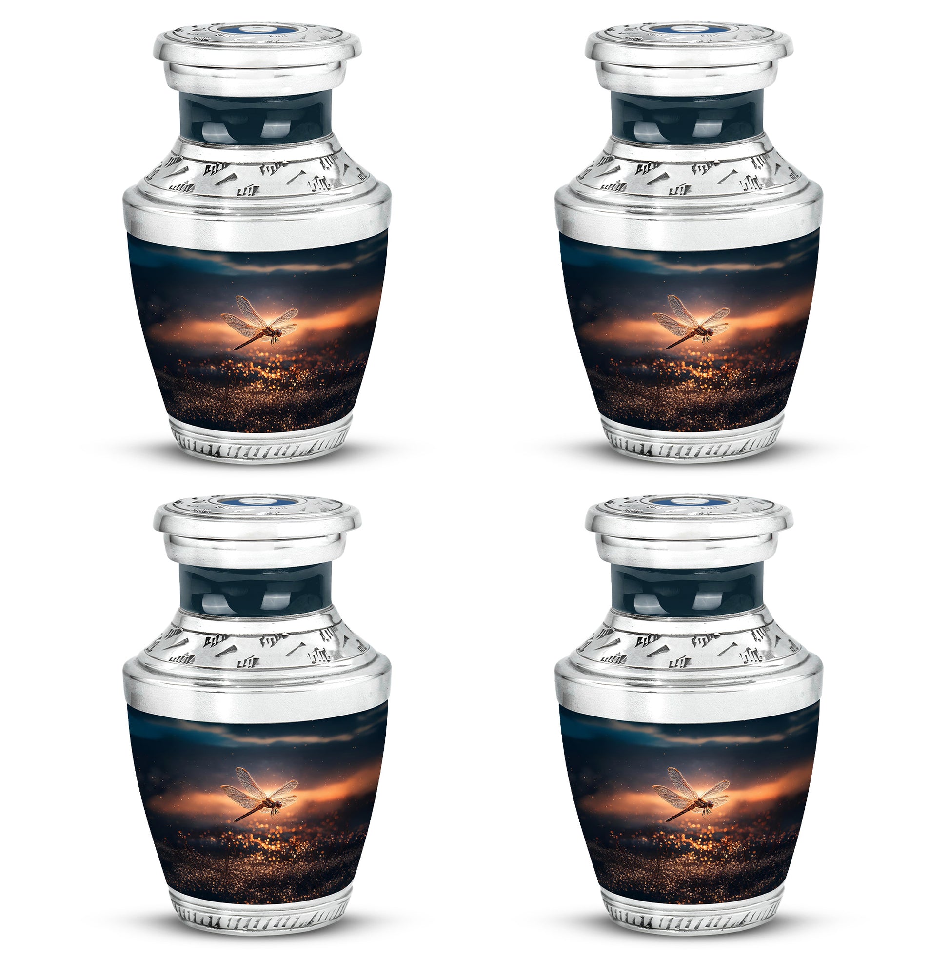 Azure Dragonfly Cremation Urn back view with polished surface - contemporary dragonfly design with modern artistic flair - 10 inch aluminum urn for cremated remains