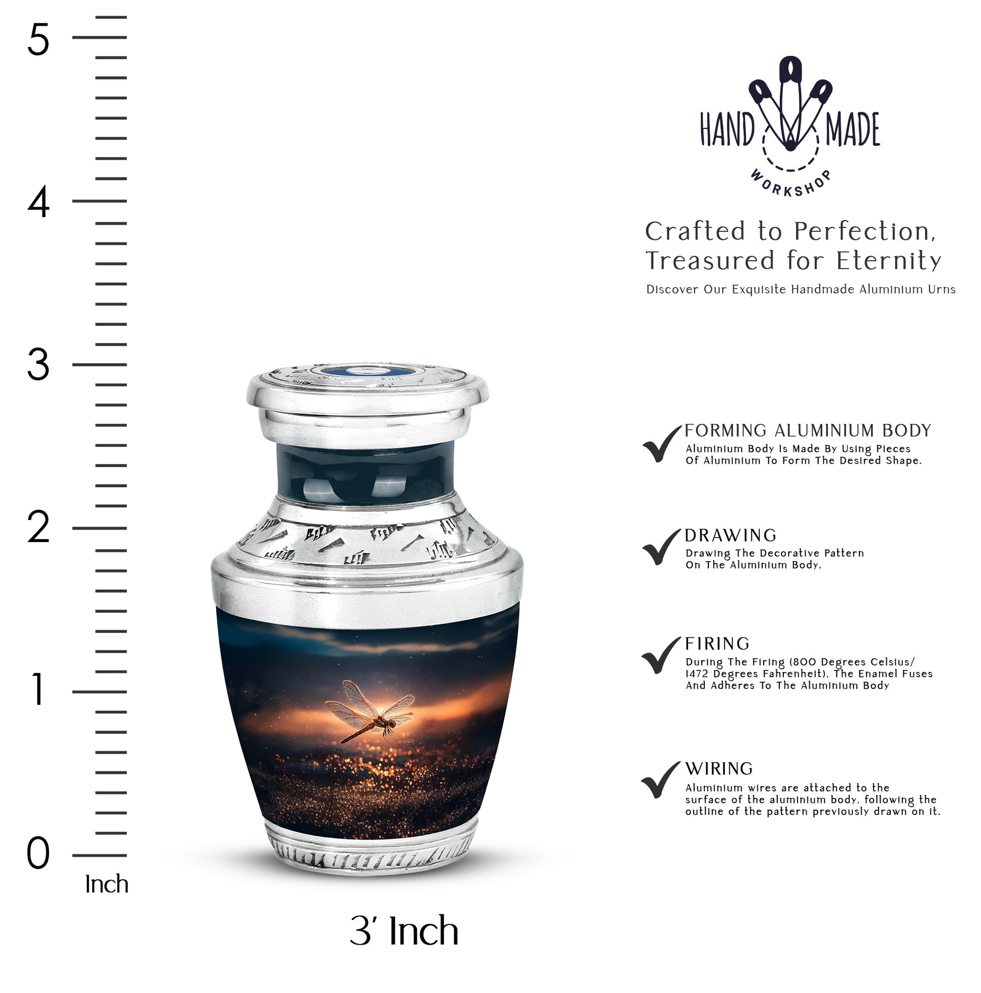 Vivid Blue Dragonfly Cremation Urn top-down view of secure threaded lid - artistic dragonfly interpretation with creative detail - mini keepsake memorial for portion of cremation ashes