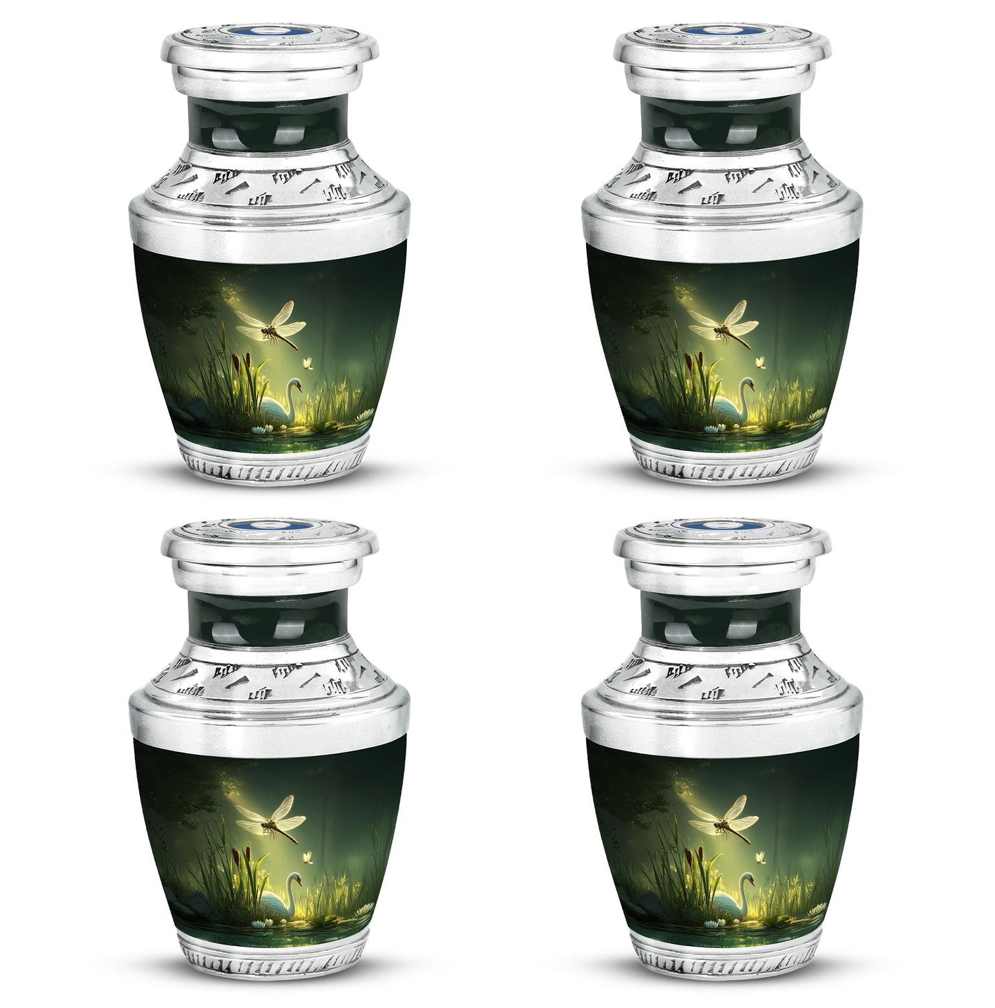 Verdant Green Dragonfly Cremation Urn back view with polished surface - modern art-inspired dragonfly motif on sleek aluminum - 10 inch aluminum urn for cremated remains