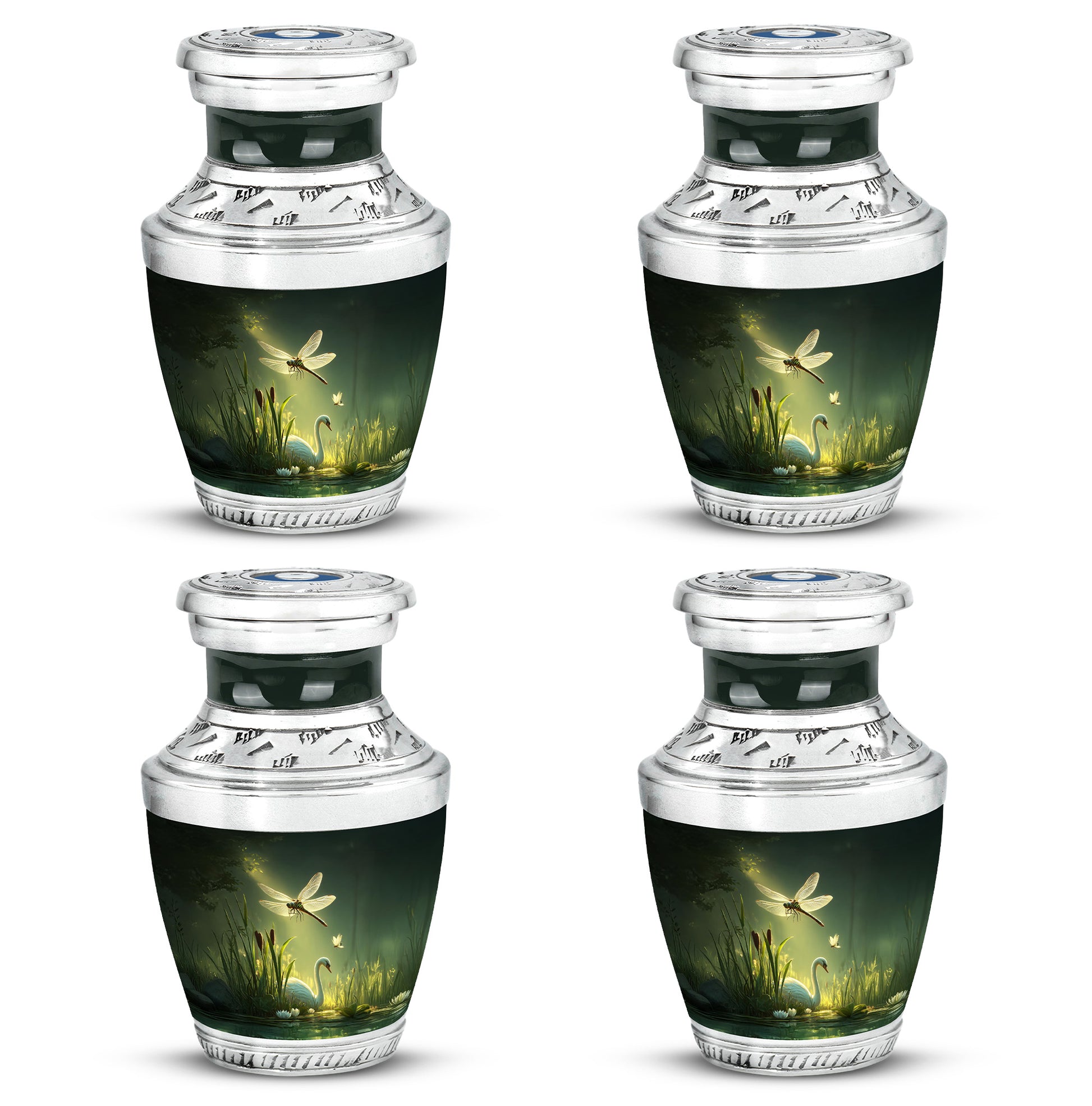 Verdant Green Dragonfly Cremation Urn back view with polished surface - modern art-inspired dragonfly motif on sleek aluminum - 10 inch aluminum urn for cremated remains