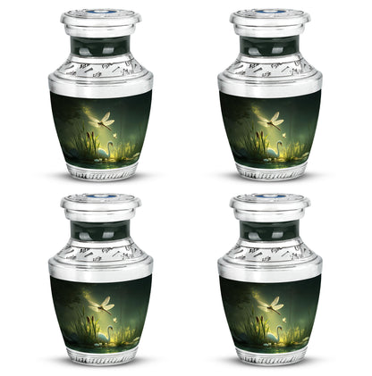 Verdant Green Dragonfly Cremation Urn back view with polished surface - modern art-inspired dragonfly motif on sleek aluminum - 10 inch aluminum urn for cremated remains