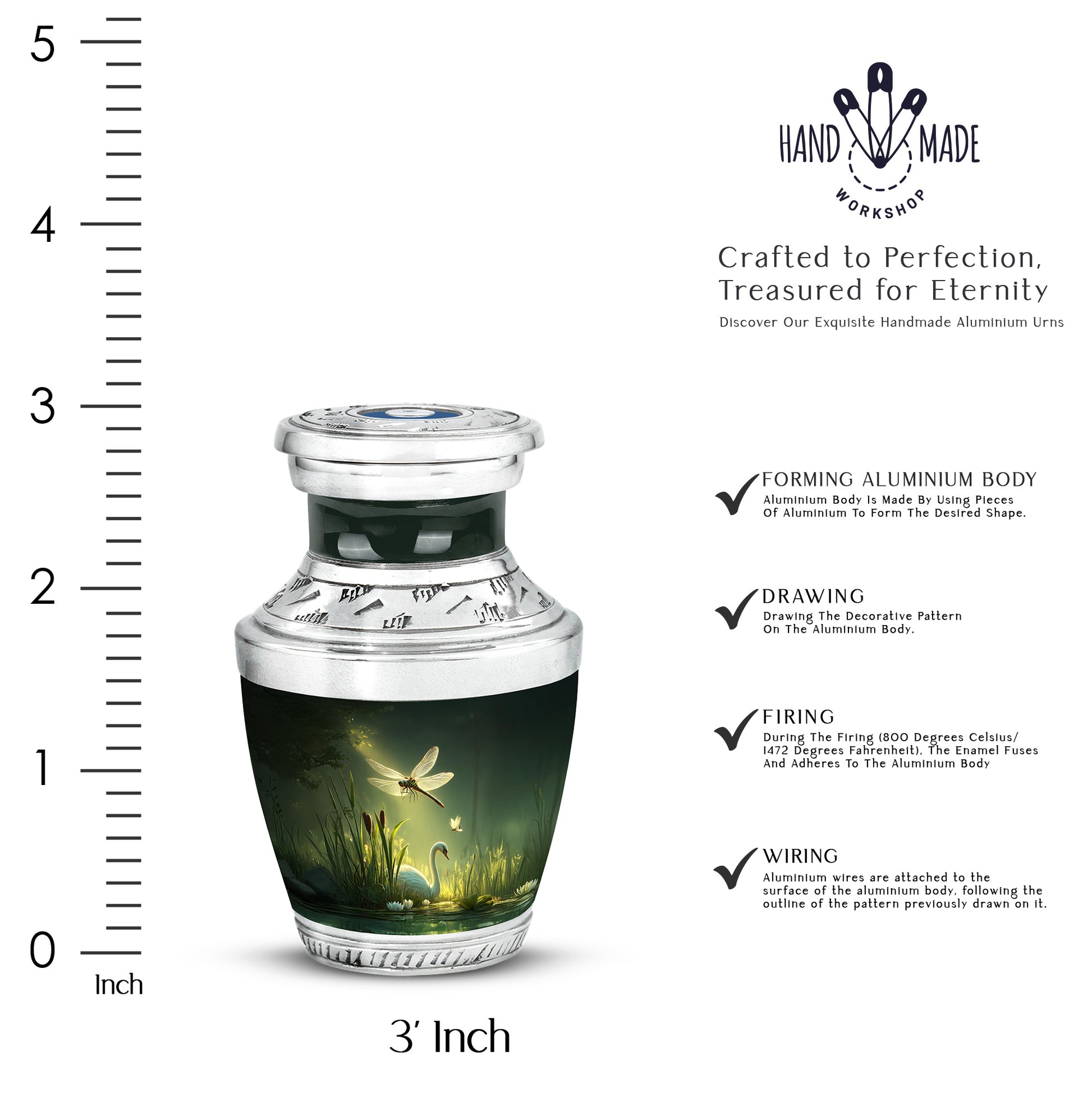 Mint Green Dragonfly Cremation Urn top-down view of secure threaded lid - stylized abstract dragonfly pattern with bold lines - mini keepsake memorial for portion of cremation ashes
