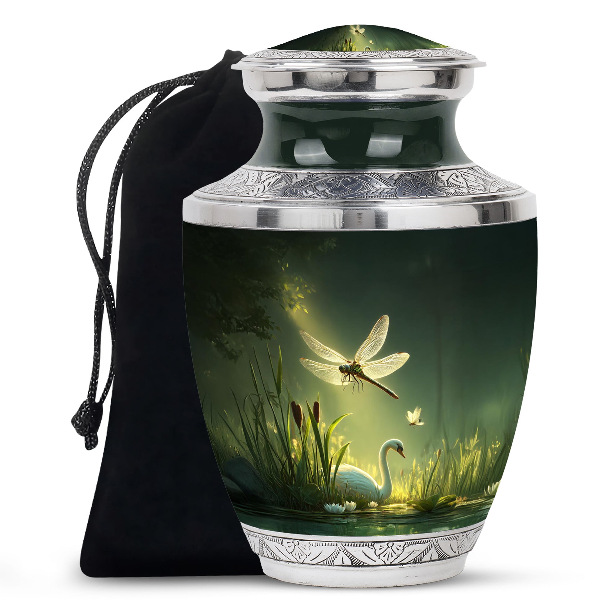 Pine Green Dragonfly Cremation Urn side profile showing urn shape - artistic dragonfly interpretation with creative detail - full-size 10 inch 200 cubic inch adult cremation urn
