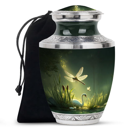 Pine Green Dragonfly Cremation Urn side profile showing urn shape - artistic dragonfly interpretation with creative detail - full-size 10 inch 200 cubic inch adult cremation urn