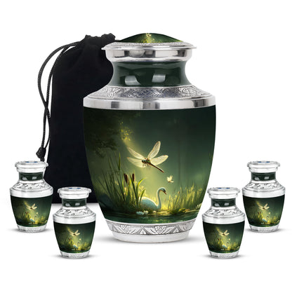 Hunter Green Dragonfly Cremation Urn lifestyle display on memorial shelf - artistic dragonfly interpretation with creative detail - memorial set with one large and four small urns